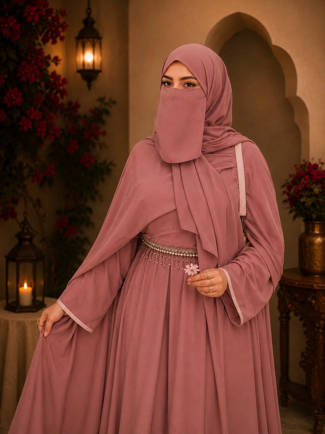 Rose Aura Luxury abaya in Dusty Rose Pink, Luxury flowy crepe