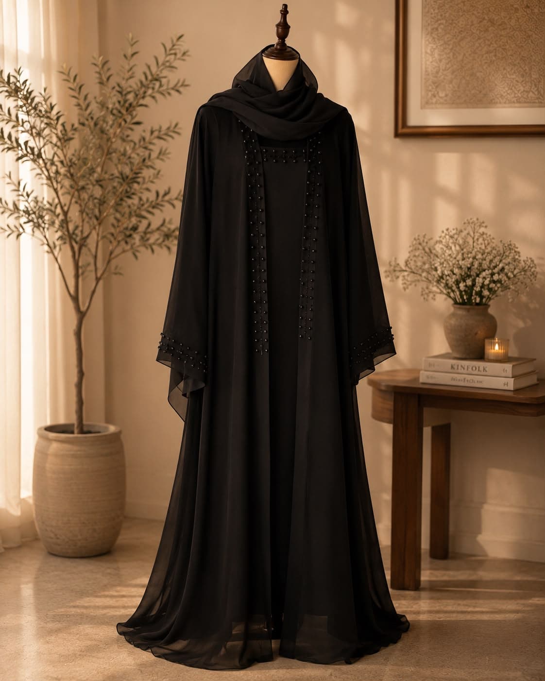 Noir Grace Signature abaya in Noir Black, Premium Nida with hand-set beadwork