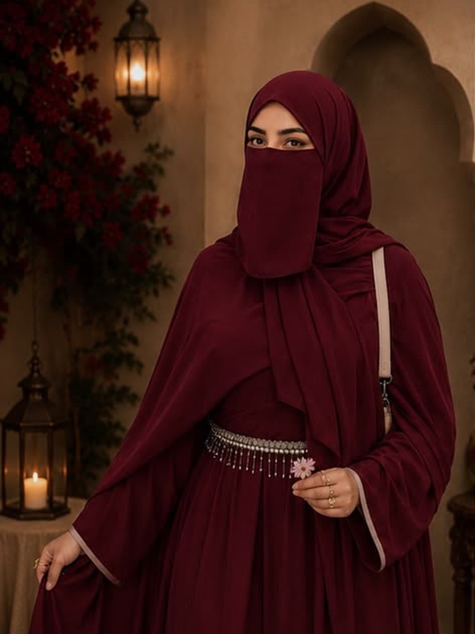 Maroon Aura abaya in Deep Maroon Red, luxury flowy crepe