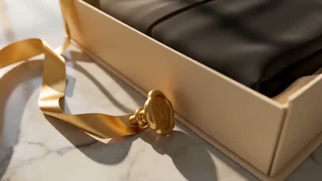 A folded abaya resting in its cream gift box